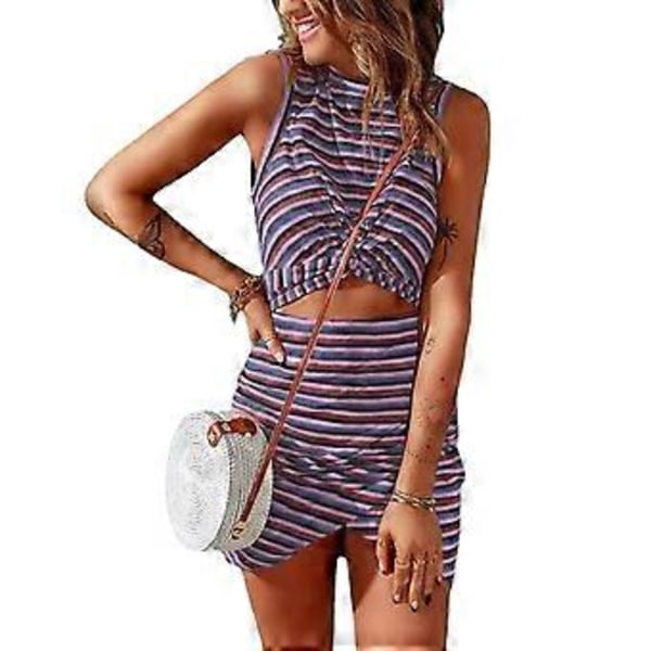 Urholkad Twist Wrap Klänning Färgglatt Tryckt Mönster Rund Hals Ärmlös Kvinnor Twist Wrap Bodycon