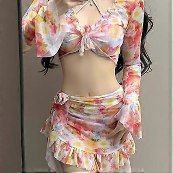 4 KPL Naisten Bikinit Uimapuku Crop Top Bikineillä ja Hameella, Kolmio Bikinit Ylä- ja Alaosa, Halterneck Bikinit Uima-asu Pinkki M M