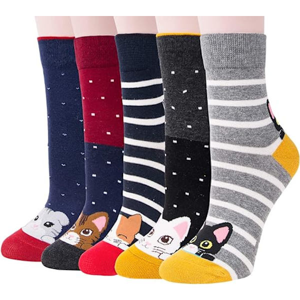 Strumpor för barn, 5-pack set med nya kattmönstrade damstrumpor