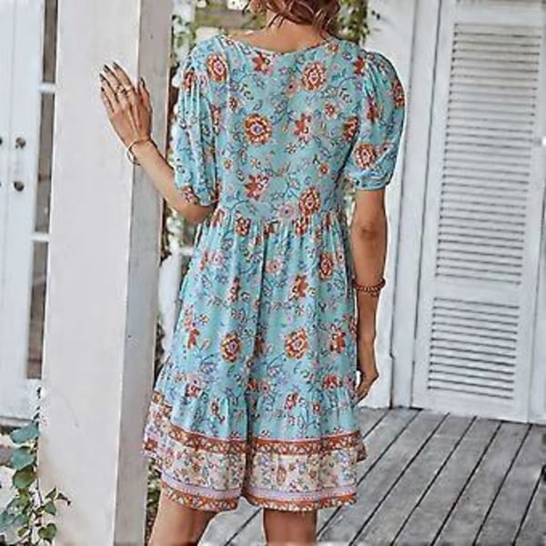 Dame Kortærmet Kjole V-hals Strop Blomsterprint Flæsekant Løs Sommer Casual Kjole
