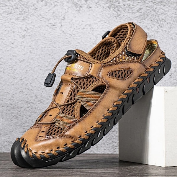 Sommarsandaler för män, Mode lädersandaler, Handsydda utomhus strand sandaler i kohud, andningsbara, 38, Gul Yellow 38