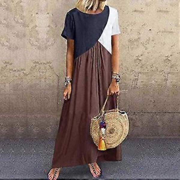 Kortærmet Maxikjole Afslappet Løs Lang Kjole Dame Farveblok T-shirt Kjole Rund Hals Strand Maxikjole Swing Kjole Mørkegrå XL Dark Grey XL