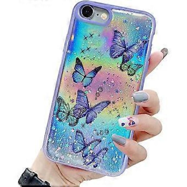 Tyttömäinen suojakotelo, yhteensopiva iPhone SE 2020:n, iPhone 8:n ja iPhone 7:n kanssa. Söpö, sateenkaarenhohtoinen perhoskuviointi, laserblingbling-glittertähtiä tytöille ja naisille, pehmeä