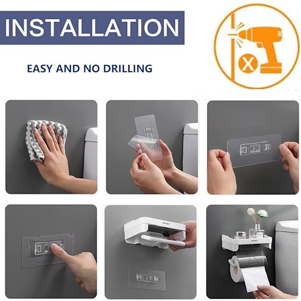 Toiletpapirholder uden boring, Toiletpapirholder med opbevaringsplads, Klæbende toiletrulleholder, Vægmonteret toiletpapirholder, Hvid ABS-materiale