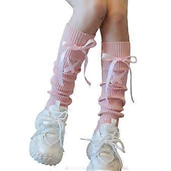 Naisten tyttöjen neulotut sivuraidalliset säärystimet, esteettiset, elegantit, suloiset rusettisäärystimet, pitkät jalkaterättömät sukat, urheilusäärystimet ribbon bow pink