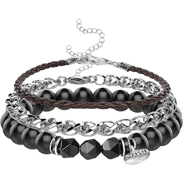 Sæt med armbånd til mænd - sort armbånd med perler og kæde i rustfrit stål