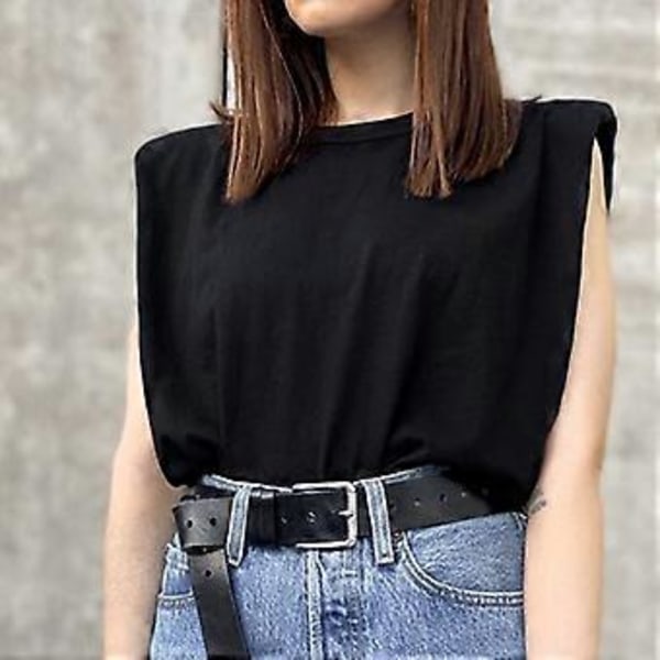 Løs Slim Tanktop til Kvinder, Ensfarvet Bomuld, Ærmeløs Vest, Rund Hals, Skulderpuder, T-shirts Sort (style5552)