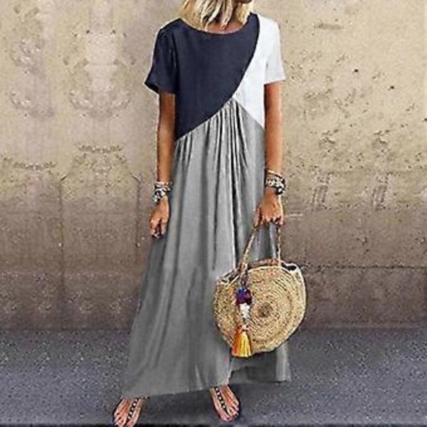 Dame Farveblok T-shirt Kjole Kortærmet Maxikjole Afslappet Løs Lang Maxikjole Strand Lang Kjole Swing Kjole brun S brown S