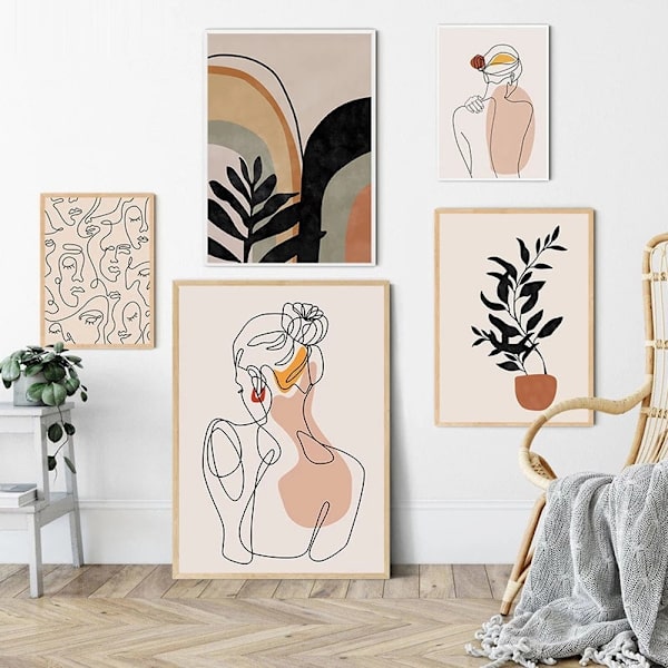 Abstrakte og minimalistiske linjer, kvindelig silhuet, boligindretning