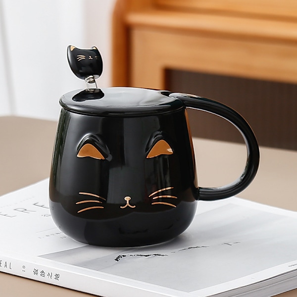Sort Kat Tekop Koppen Sød Keramisk Kaffe Kop med Sød Låg og Sød Rustfri Stål Ske (Sort)