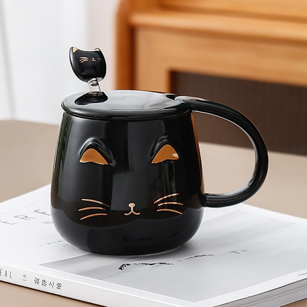 Svart Katt Krus Søt Keramisk Kaffekopp med Søt Lopp og Søt Rustfritt Stål Skje (Svart)