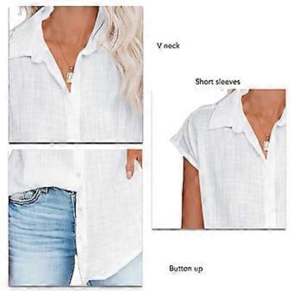Dame Skjorte med Knapper Kortermet Ren Lys Farge Løs Casual Dame Kortermet Bluse for Utflukter Kontorfest, Hvit