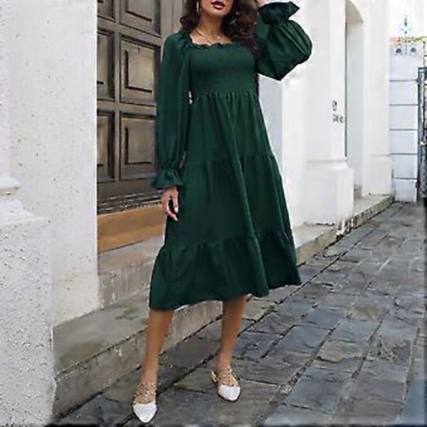 Dame Lanterne Langærmet Kjole Off Shoulder Bryst Rynket Flæseærme Ensfarvet Hem Kjole