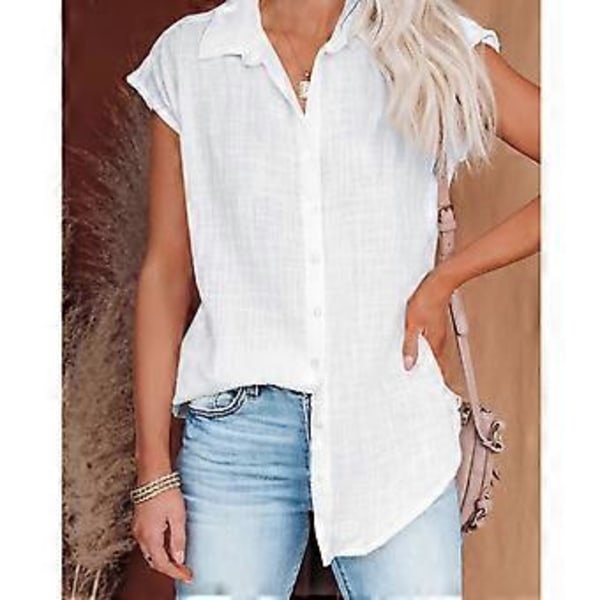 Dame Skjorte med Knapper Kortermet Ren Lys Farge Løs Casual Dame Kortermet Bluse for Utflukter Kontorfest, Hvit