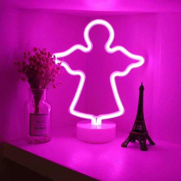 Neon LED Engel Natlampe med Base, Batteri eller USB Neon LED Lys