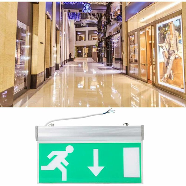 LED-nødbelysning, LED-nødsignallys, grønne sikkerhedsevakueringslys til indkøbscentre, supermarkeder, stationer og underholdningssteder (mod ydersiden).