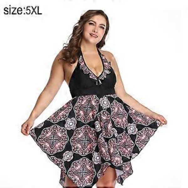 Tankini-badedrakt med blomsterprint og volangkant for damer i store størrelser, 2-delt badedrakt - Svart (style5574)