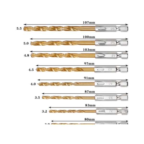 13 stk HSS Twist Bor Bits Titanbelagt Højhastigheds Stål Hex