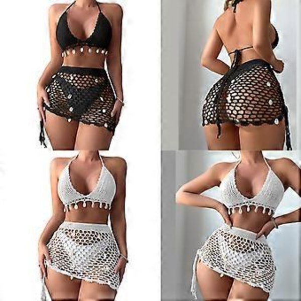 Dame 2-delt Strand Badedragt Muslingeskaller Hæklet Halter Bikini Badedragt med Sarong Strandtøj Sort M Black M