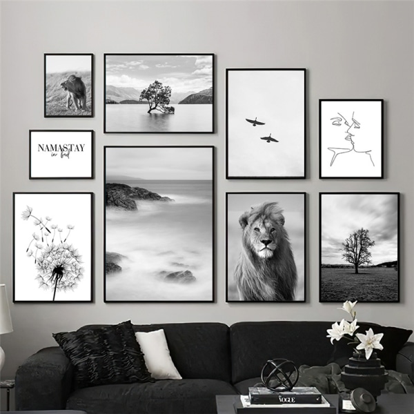 Set om 9, 20x15cm nordisk modern minimalistisk svartvit landsc