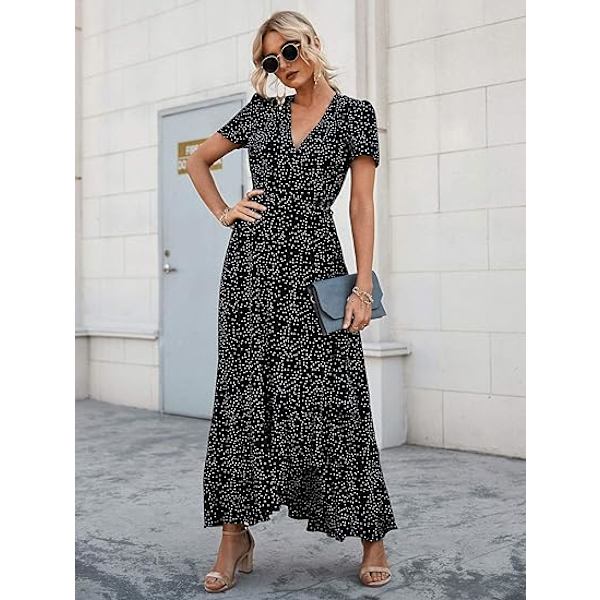 Kvinders Sommer Wrap Maxi Kjole Casual Boho Floral V Hals Kort Ærme
