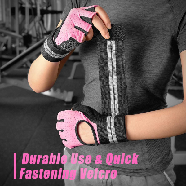 Ett par rosa L Fitnesshandskar, tyngdlyftningshandskar, trä