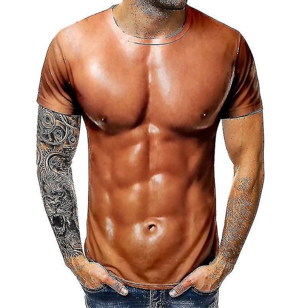 Men&#39;s 3d T-shirt Bodybuilding Simulated Muscle Shirt Nude Skin Chest Muscle Tee Shirt.XXS.