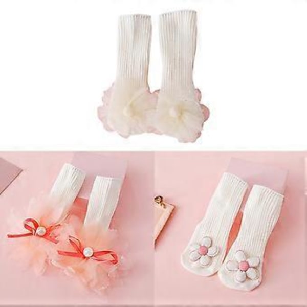 2 st/set Bebisstrumpor Blomma Halkfria Strumpor för 0-24M Spädbarn Flickor Nyfödda Barnstrumpor med Spetsrosettdekorationer snö knopp blomma S snow bud flower S