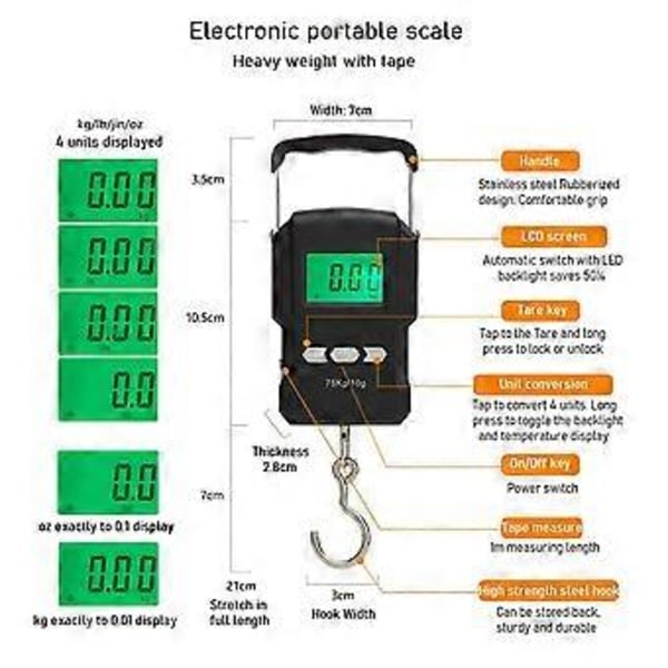 Kalastusvaaka, 75 kg:n / 165 lb:n riippuva matkatavaravaaka, elektroninen kalastusvaaka taustavalaistulla LCD-näytöllä, mittanauhalla ja 2 AAA-paristolla, sopii O:lle