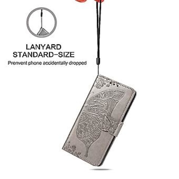 För Huawei Y5P 2020 Fjäril Kärlek Blomma Präglat Horisontellt Flip Läderfodral med Ställ / Kortplats / Plånbok / Snodd Gray