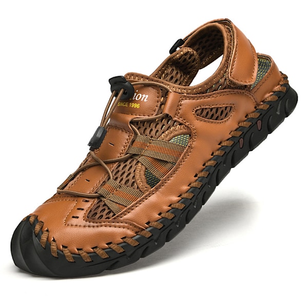 Sommarsandaler för män, Mode Lädersandaler, Handsydda Utomhus Strand Sandaler i Nötskinn, 41, Brun Brown 41