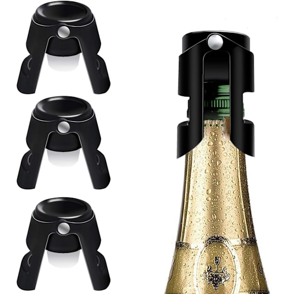 3 stk. Champagnepropper i rustfrit stål, sorte forseglingspropper til C