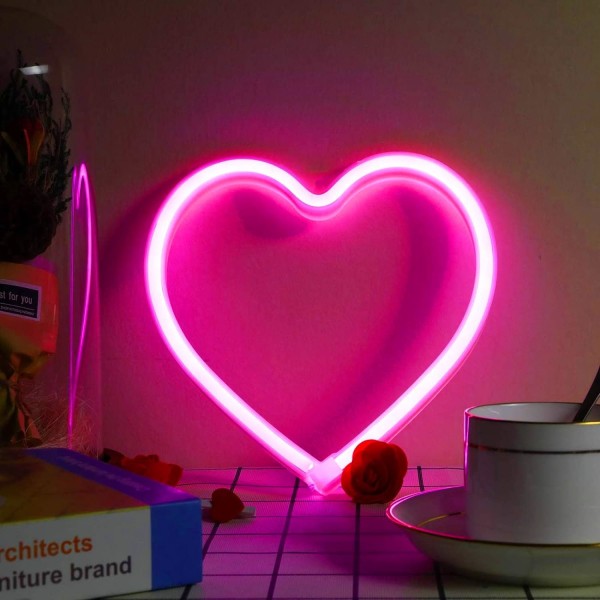 Vaaleanpunaiset sydämenmuotoiset neonkyltit, paristokäyttöiset tai USB -neon LED Li