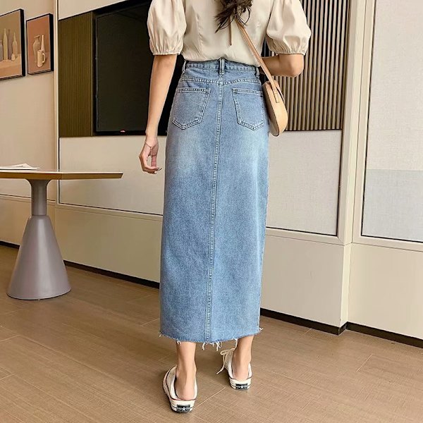 Kvinnors Casual Hög Midja Solid Button Up Denim Jean Kjol,storlek