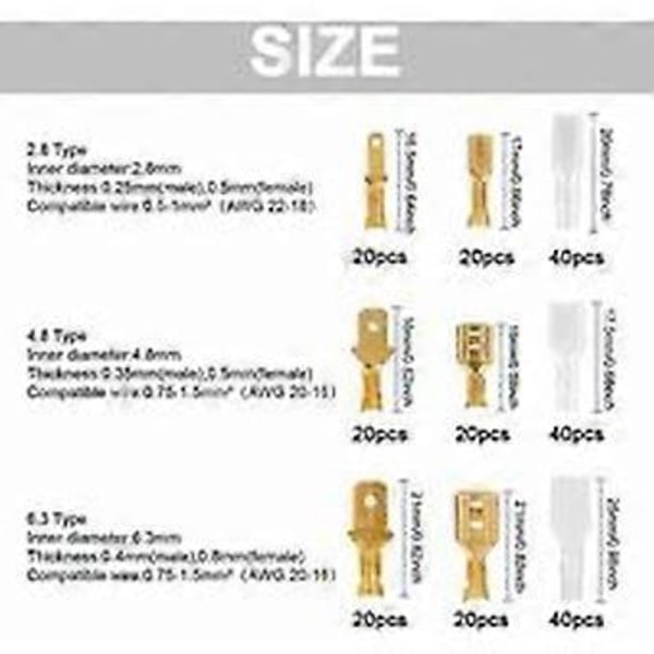 Phoenix 240 Delar 2,8 mm 4,8 mm 6,3 mm Kabelsko Krymp Hane Hona Spade Terminal Block Kontakt med Isoleringshylsor Sortiment Kit