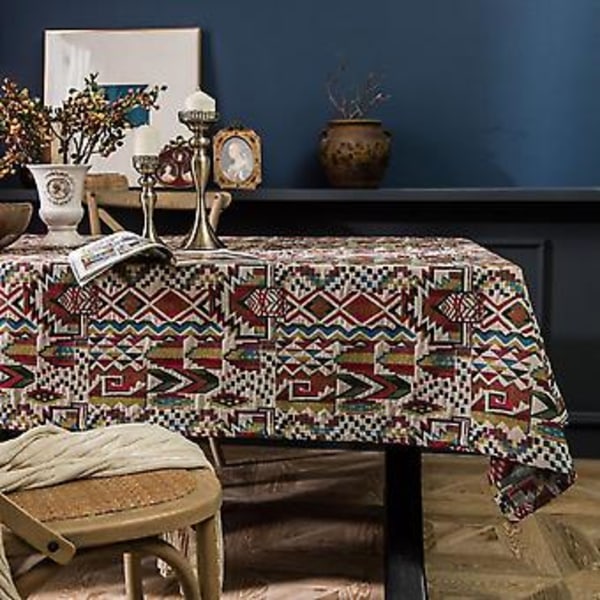 Bordsduk, rektangulär linneduk Boho Farmhouse Kraftigt tyg Bordsöverdrag, Säckväv Randig Geometrisk Tvättbar Bordsskiva För Fester Kaffe Kök