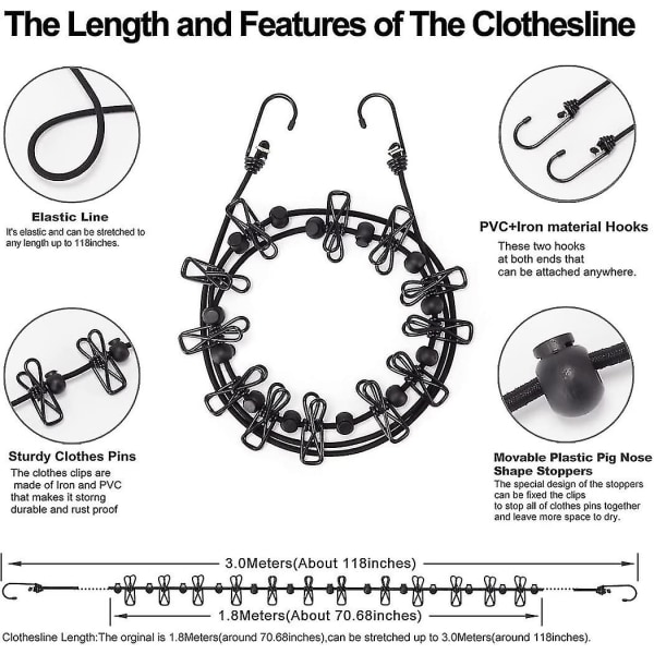 Vaatteidenkuivaustelineköysi Retractable Portable Clothesline -vaatteiden säilytysnaru 12 pidikkeellä pyykille retkeilyyn..