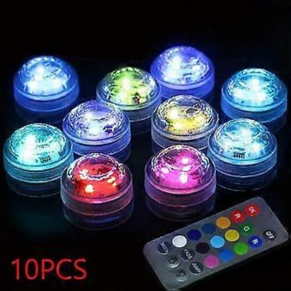 10 stk. LED Undervannslys, Vanntette Multi-Fargede Lys, SMD 3528 RGB Stemningslys med Infrarød Fjernkontroll for Vaser, Boller, Basseng