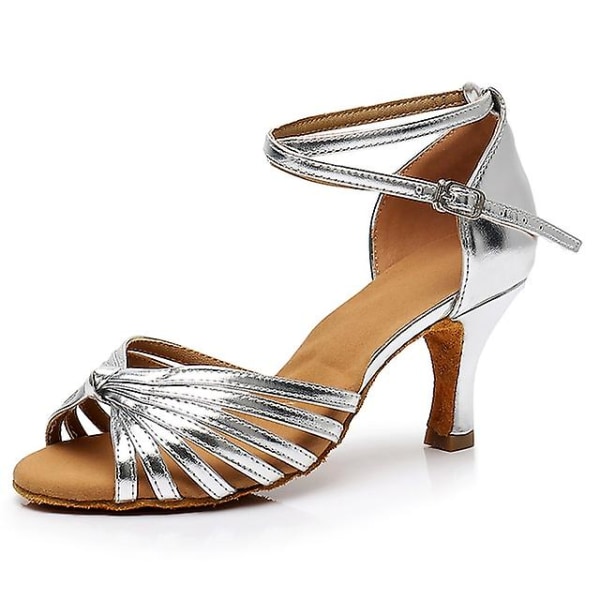 Dame Latin Sko Performance Øving Satin Basic Hæl Ensfarget Kubansk Hæl Sølv Lys Brun Leopard-happygo.US9 EU40 UK7 CN41.Sølv Silver 41