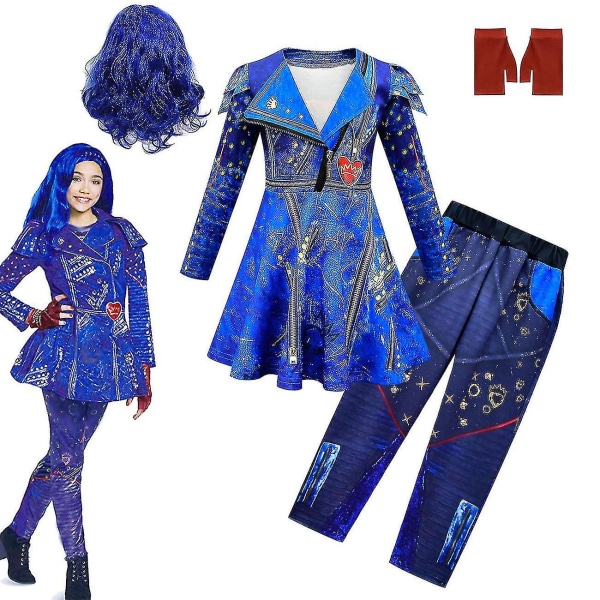 Blå Audrey Kostymer Set Flick Halloween Kostymer Barn Fest Evie Descendants 3 Mal Cosplay Kostymer Klänning Byxor Peruk.Som visas3.110 (34Y)