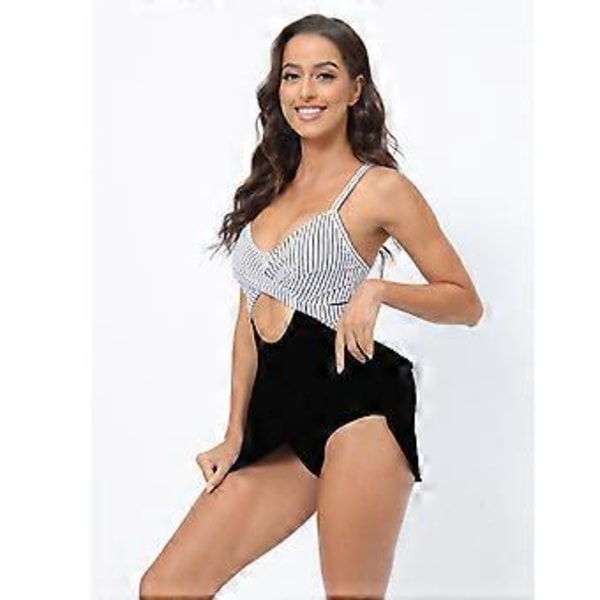 Dame Badedragt Badetøj med Skørt Udhulet Udskæring Badedragt Mavekontrol Badekåbe med Boyshort Sort XL Black XL