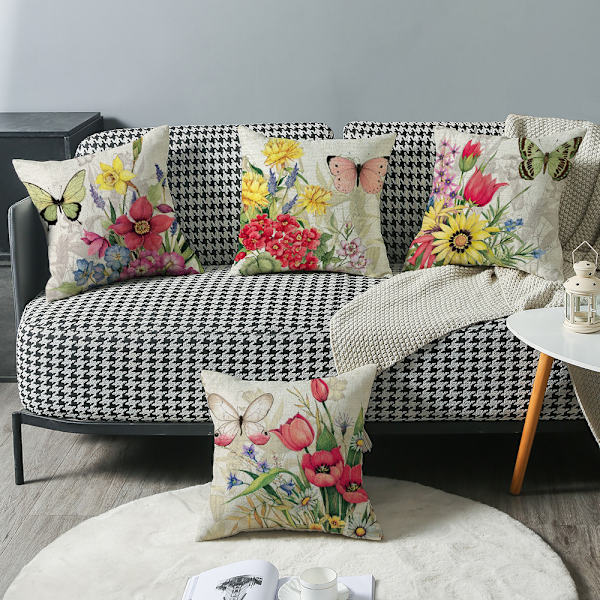 Putetrekk, sett med 4-45 x 45cm bomull og lin Daisy Flower Pr