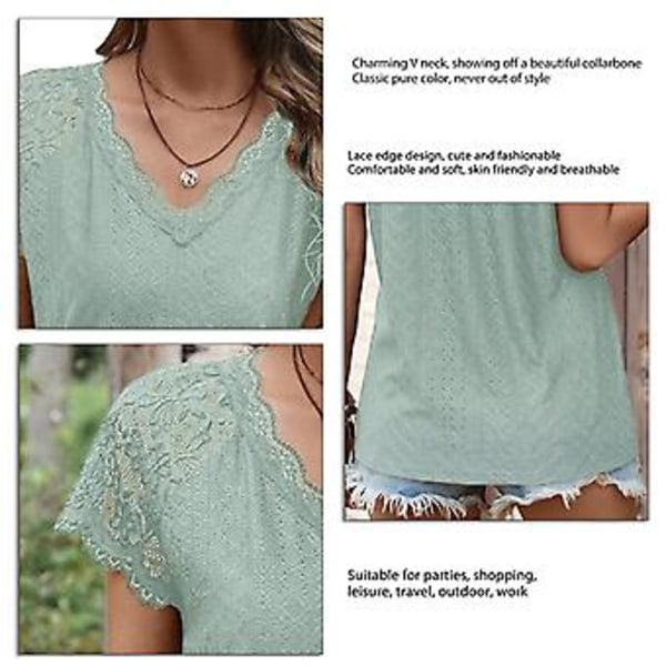 Kortermet bluse for kvinner, V-hals, blondekant, ensfarget, moteriktig, pustende for sommeren (Lys Grønn) Green L
