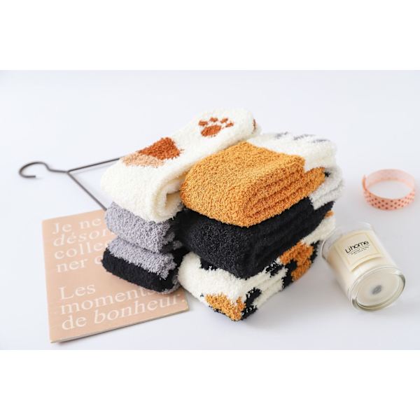 6 par korallfleece-strumpor med kattfotavtryck, fluffiga sovstrumpor med varmt fleecefoder