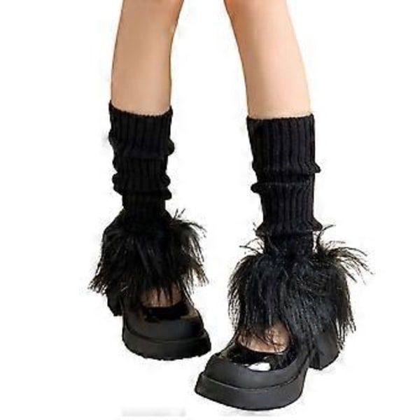 Harajuku Naisten Talvi Ribbineulotut Säärystimet Jalkaterättömät Sukat Pitkät Karvaiset Pehmo Tilkkutäkki Yksivärinen Jalkojen Suojus Hiha Musta Black
