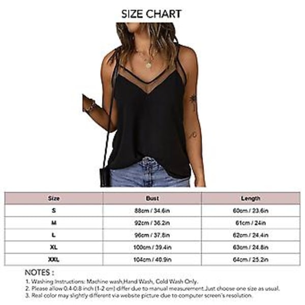 Dame Sommer Topp Casual Spaghettistropp Ermeløs V-hals Gjennomsiktig Mesh Ensfarget Skjorte Topp (XLBlack) Black XL