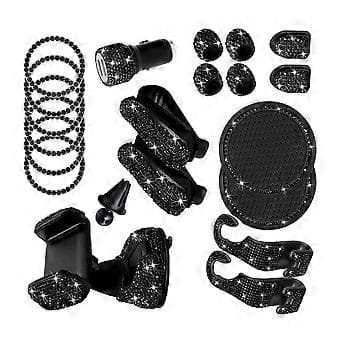 1 Sæt Bling Bil Tilbehør Bling Biloplader Telefonholder Startknap Ringe Black