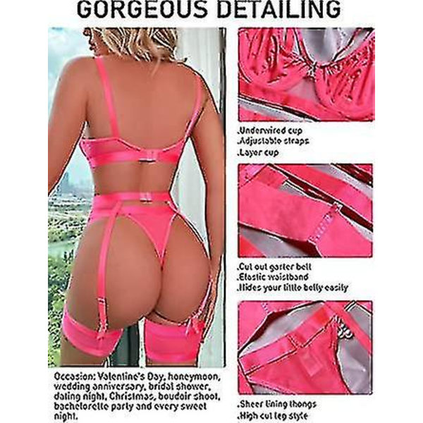Sexigt underklädesset för kvinnor, 4-delat BH- och trosset med strumpebandshållare, sexigt underklädesset med lårband. L.rosa Pink L