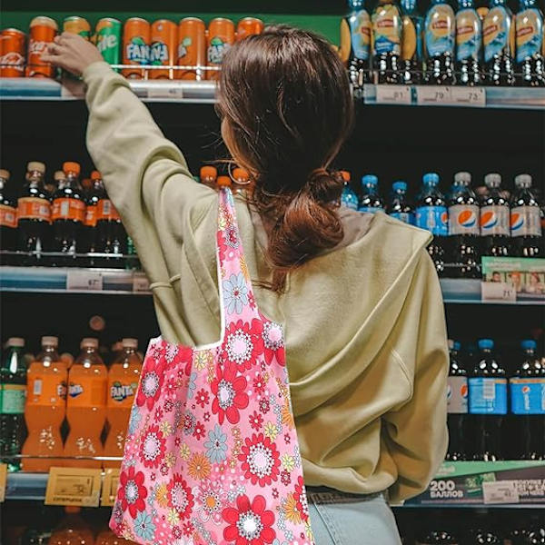 1-delt sæt af store sammenklappelige indkøbsposer (lyserøde blomster)