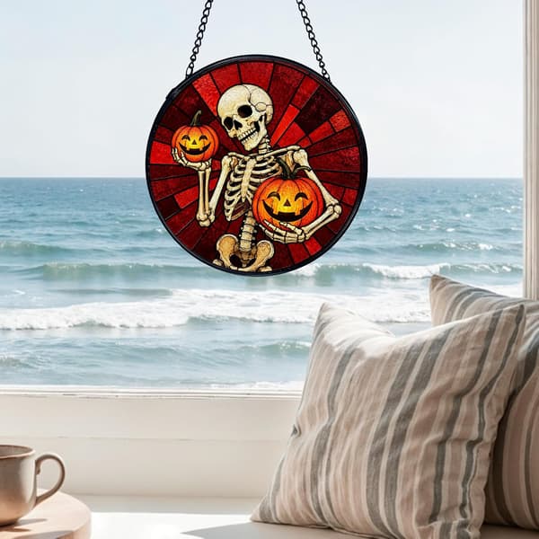 Halloween Efterår Glasmaleri Vinduesfanger, Rund Glas Vægkunst Dekoration – Stil 10